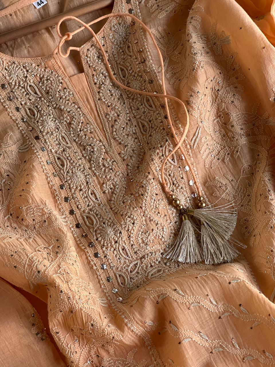 Coral Peach Shade Mul Chanderi Mukaish Kamdani Chikankari Stitched Kurta Dupatta Set