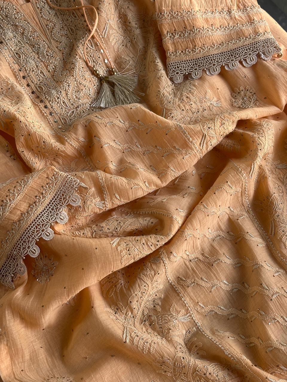 Coral Peach Shade Mul Chanderi Mukaish Kamdani Chikankari Stitched Kurta Dupatta Set