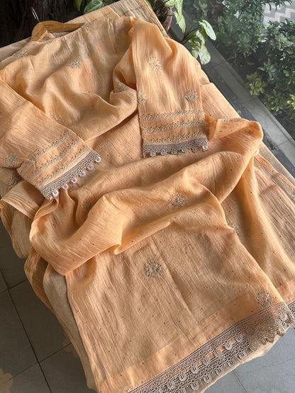 Coral Peach Shade Mul Chanderi Mukaish Kamdani Chikankari Stitched Kurta Dupatta Set