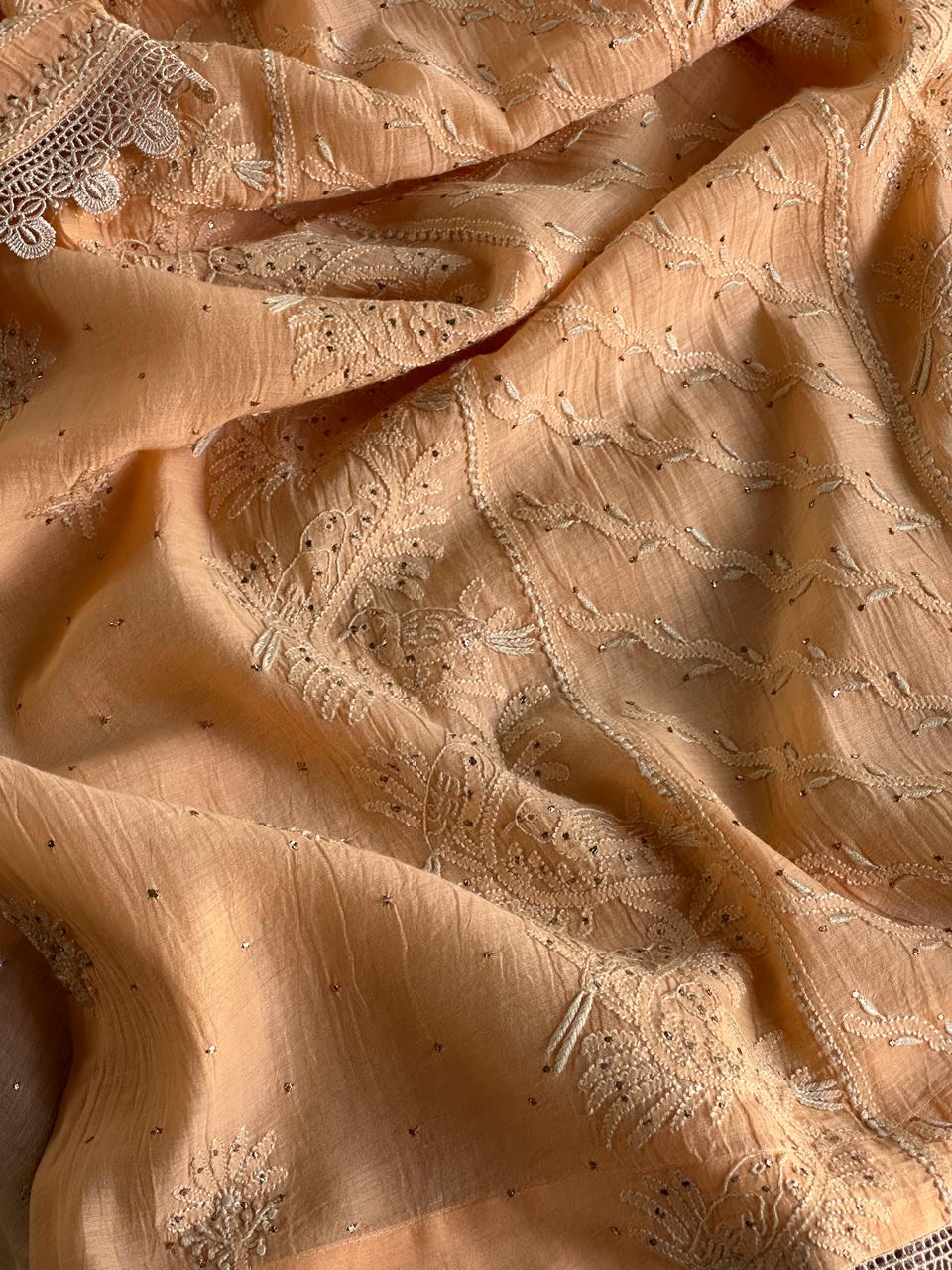 Coral Peach Shade Mul Chanderi Mukaish Kamdani Chikankari Stitched Kurta Dupatta Set