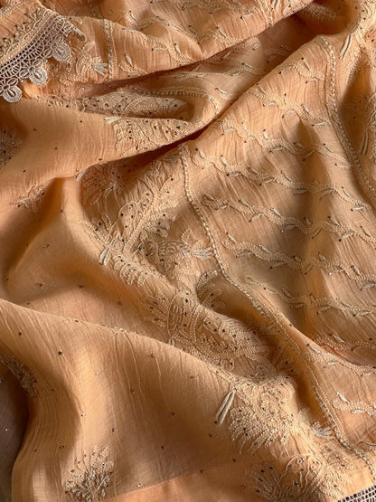 Coral Peach Shade Mul Chanderi Mukaish Kamdani Chikankari Stitched Kurta Dupatta Set