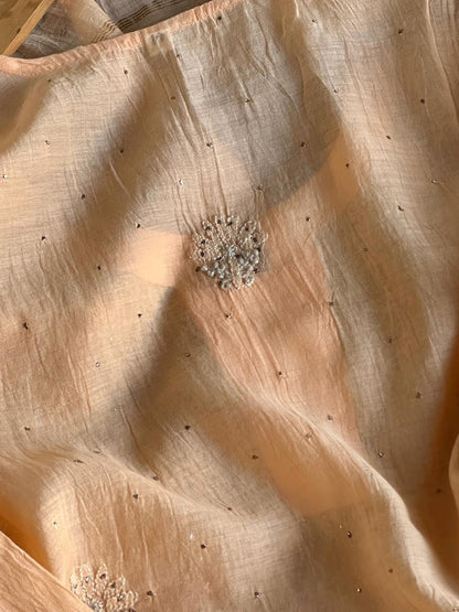 Coral Peach Shade Mul Chanderi Mukaish Kamdani Chikankari Stitched Kurta Dupatta Set