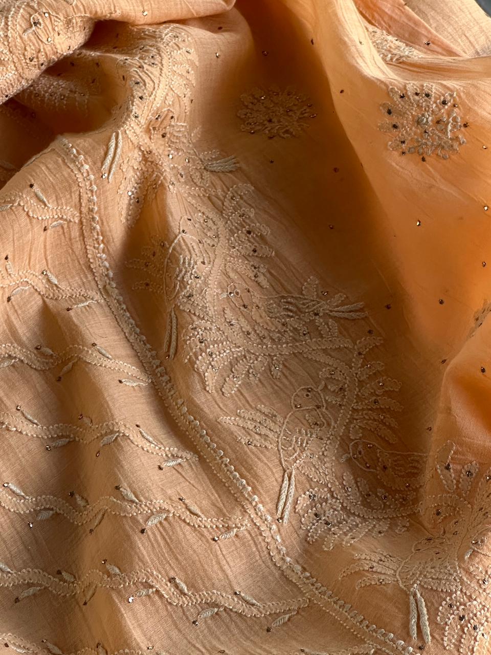 Coral Peach Shade Mul Chanderi Mukaish Kamdani Chikankari Stitched Kurta Dupatta Set