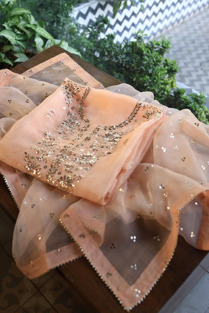 Coral Peach Shade Noor Organza Silk Badla Unstitched Kurta Dupatta Set