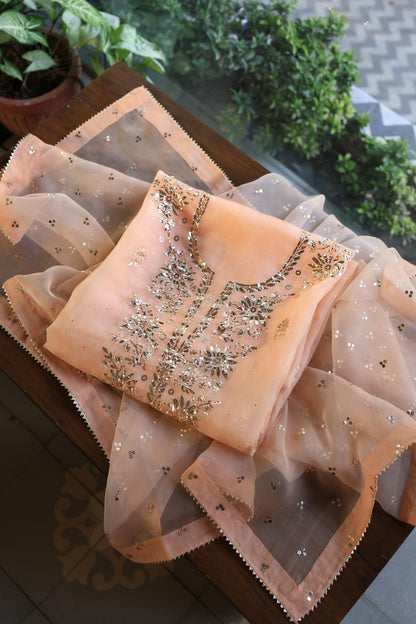 Coral Peach Shade Noor Organza Silk Badla Unstitched Kurta Dupatta Set
