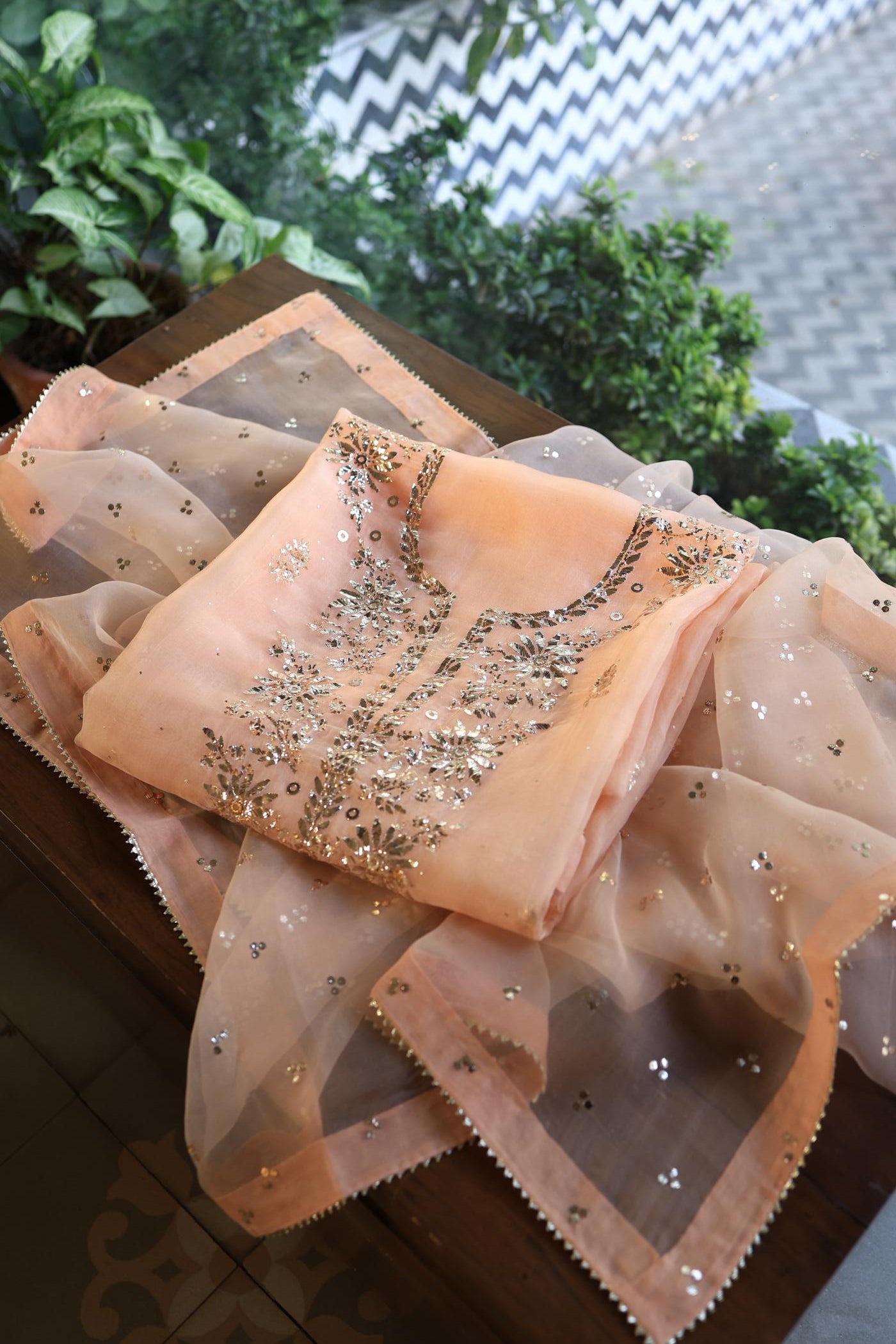 Coral Peach Shade Noor Organza Silk Badla Unstitched Kurta Dupatta Set