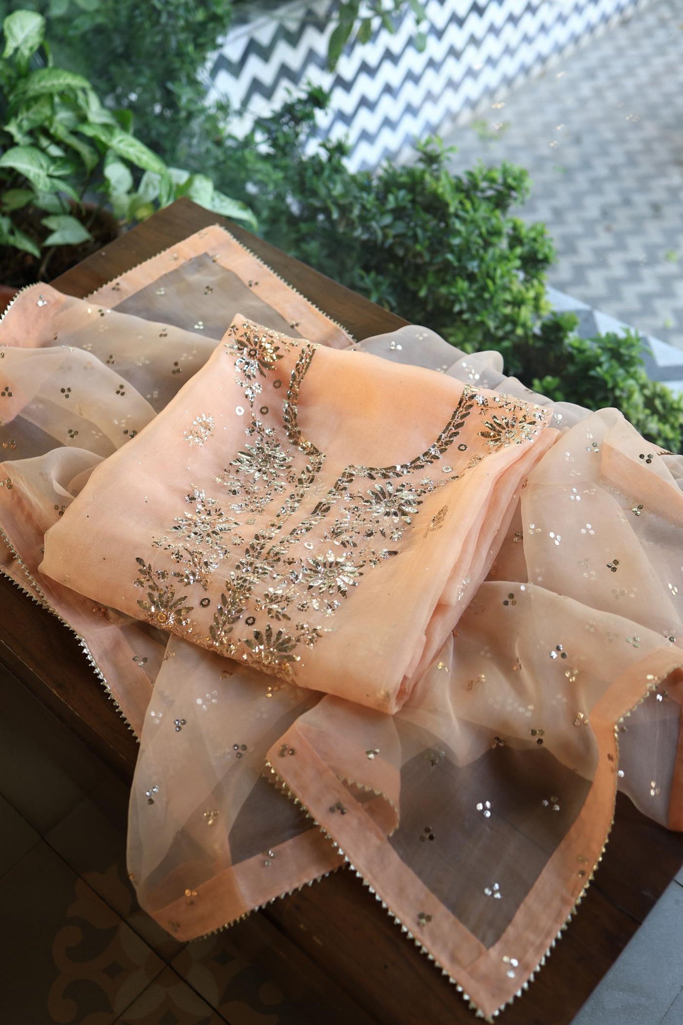 Coral Peach Shade Noor Organza Silk Badla Unstitched Kurta Dupatta Set