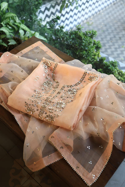 Coral Peach Shade Noor Organza Silk Badla Unstitched Kurta Dupatta Set