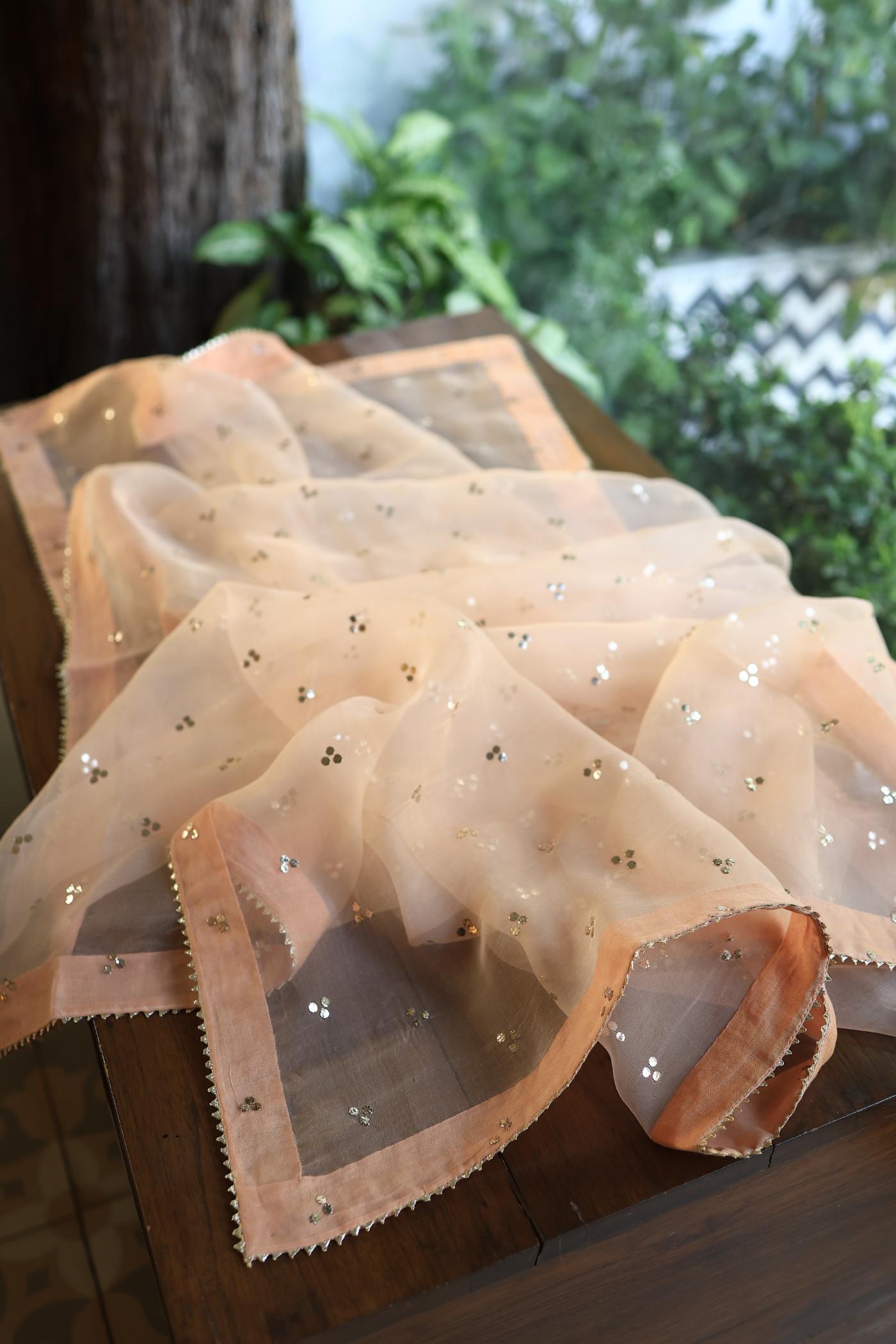 Coral Peach Shade Noor Organza Silk Badla Unstitched Kurta Dupatta Set