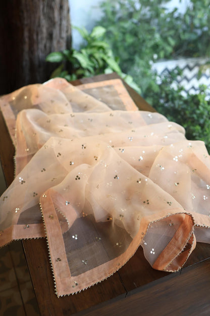 Coral Peach Shade Noor Organza Silk Badla Unstitched Kurta Dupatta Set