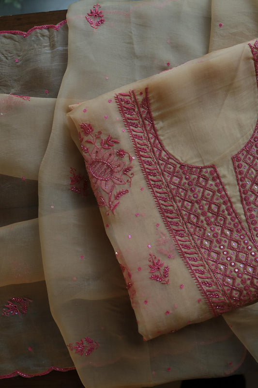 Coral Peach Shade Organza Silk Chikankari Unstitched Fabric