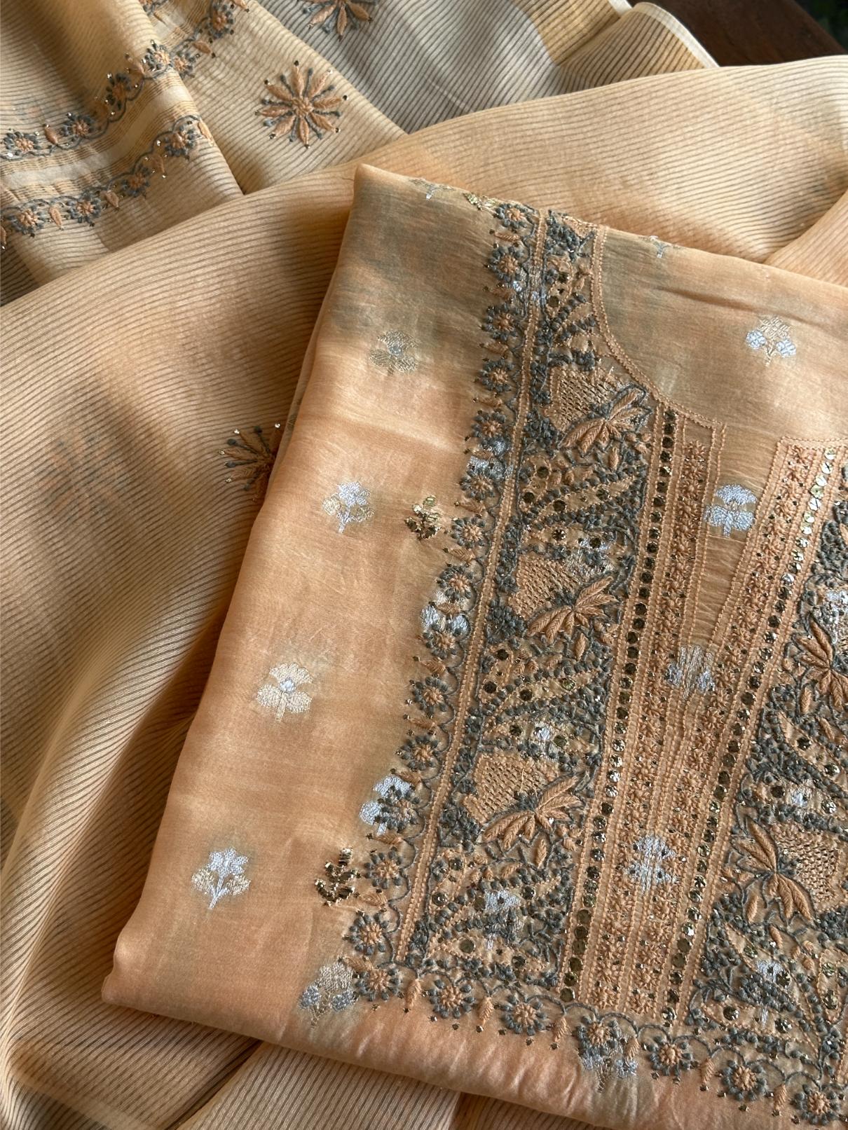 Coral Peach Shade Zari Booti Fine Chikankari With Kamdani Work Unstitched Fabric