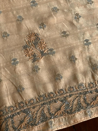 Coral Peach Shade Zari Booti Fine Chikankari With Kamdani Work Unstitched Fabric