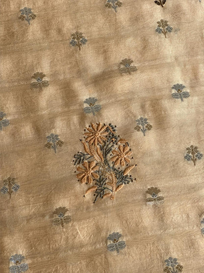 Coral Peach Shade Zari Booti Fine Chikankari With Kamdani Work Unstitched Fabric