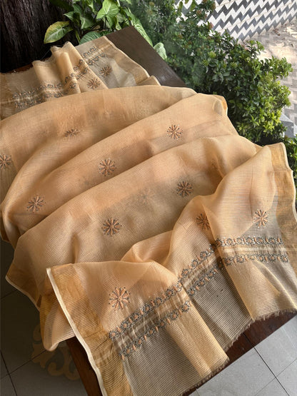 Coral Peach Shade Zari Booti Fine Chikankari With Kamdani Work Unstitched Fabric