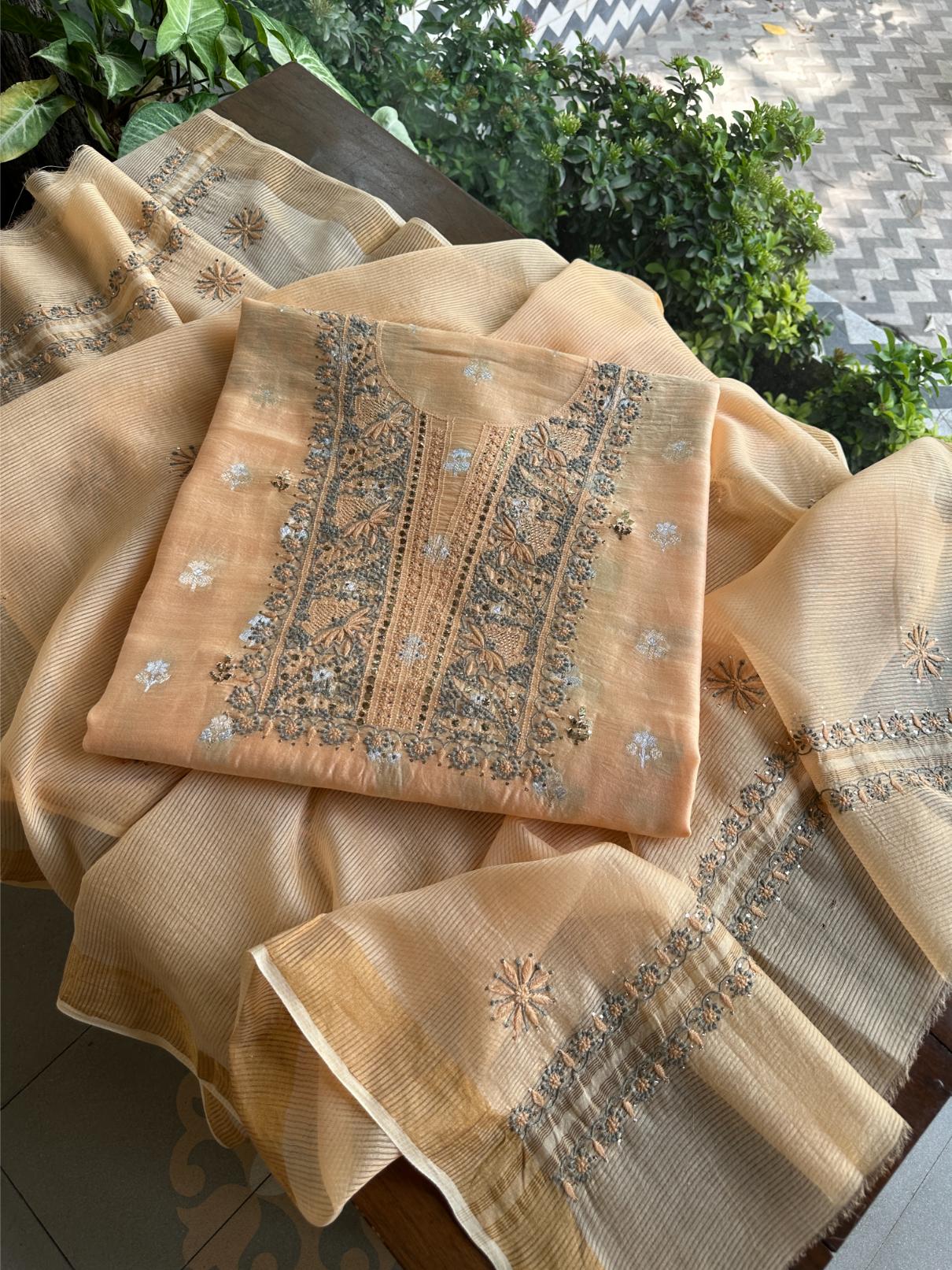 Coral Peach Shade Zari Booti Fine Chikankari With Kamdani Work Unstitched Fabric
