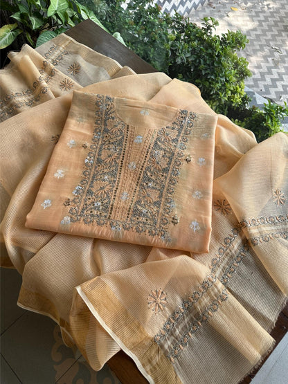 Coral Peach Shade Zari Booti Fine Chikankari With Kamdani Work Unstitched Fabric