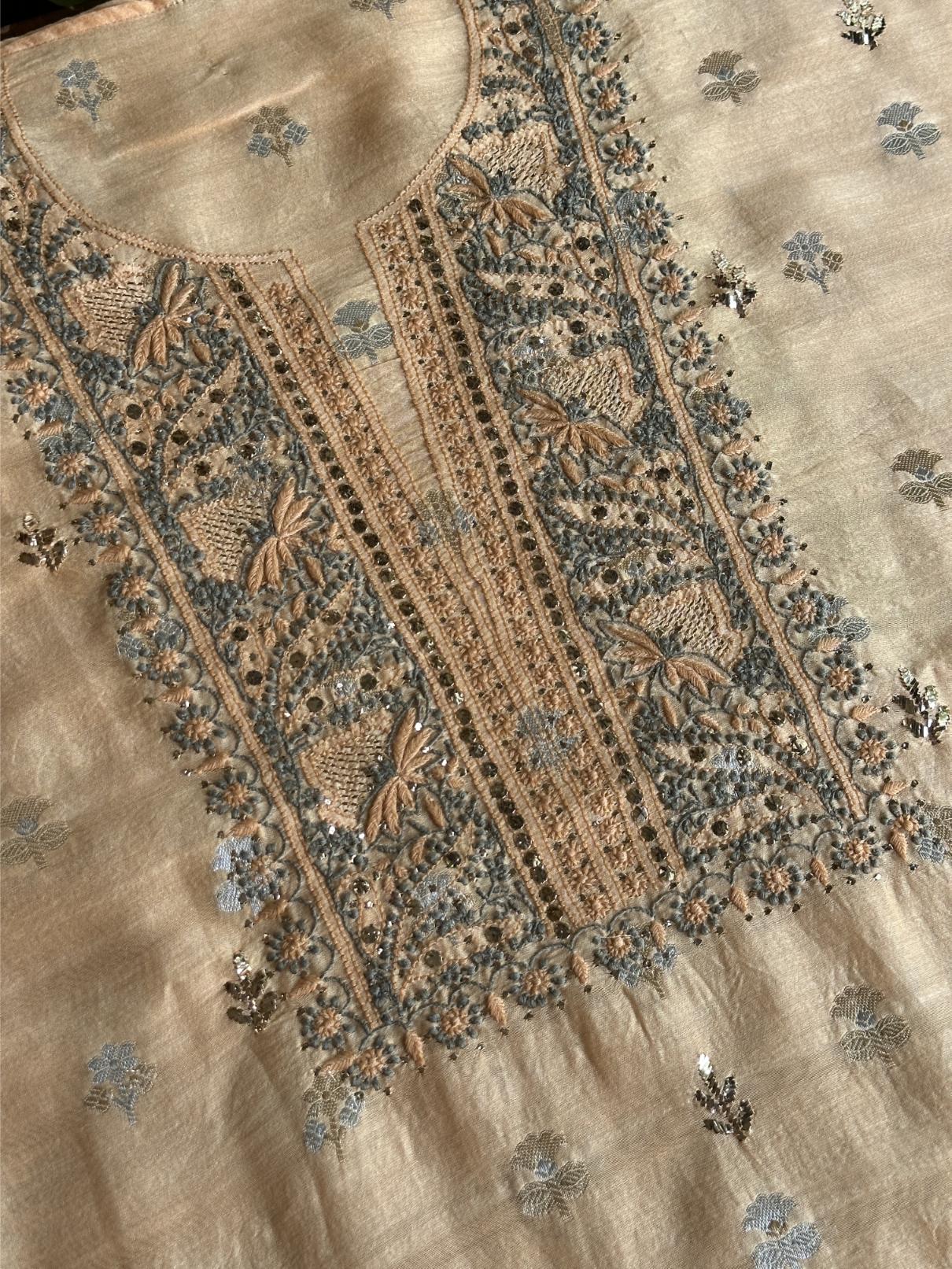 Coral Peach Shade Zari Booti Fine Chikankari With Kamdani Work Unstitched Fabric