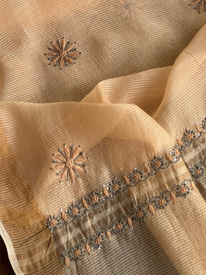 Coral Peach Shade Zari Booti Fine Chikankari With Kamdani Work Unstitched Fabric