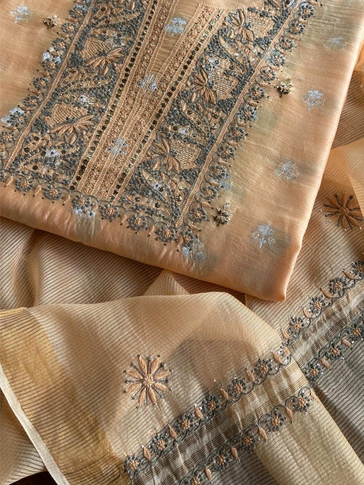 Coral Peach Shade Zari Booti Fine Chikankari With Kamdani Work Unstitched Fabric