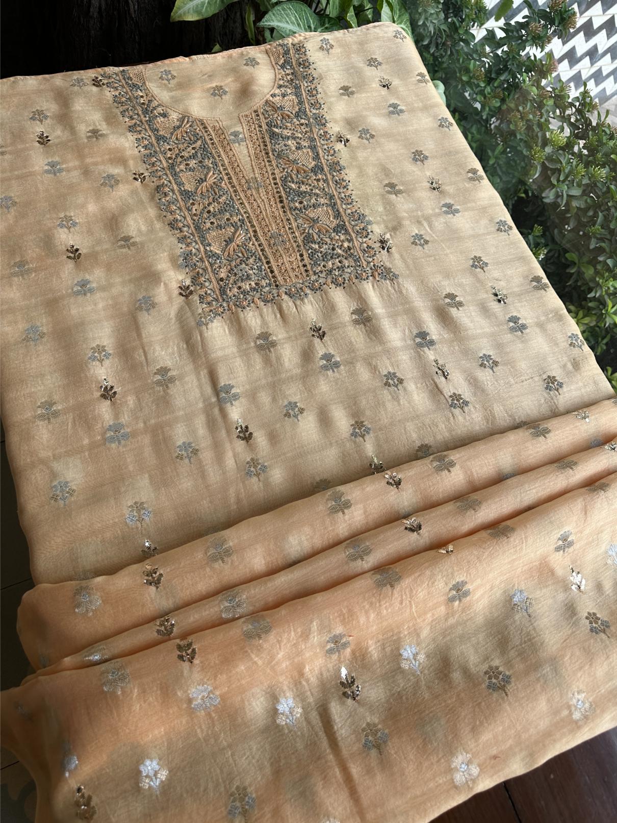 Coral Peach Shade Zari Booti Fine Chikankari With Kamdani Work Unstitched Fabric