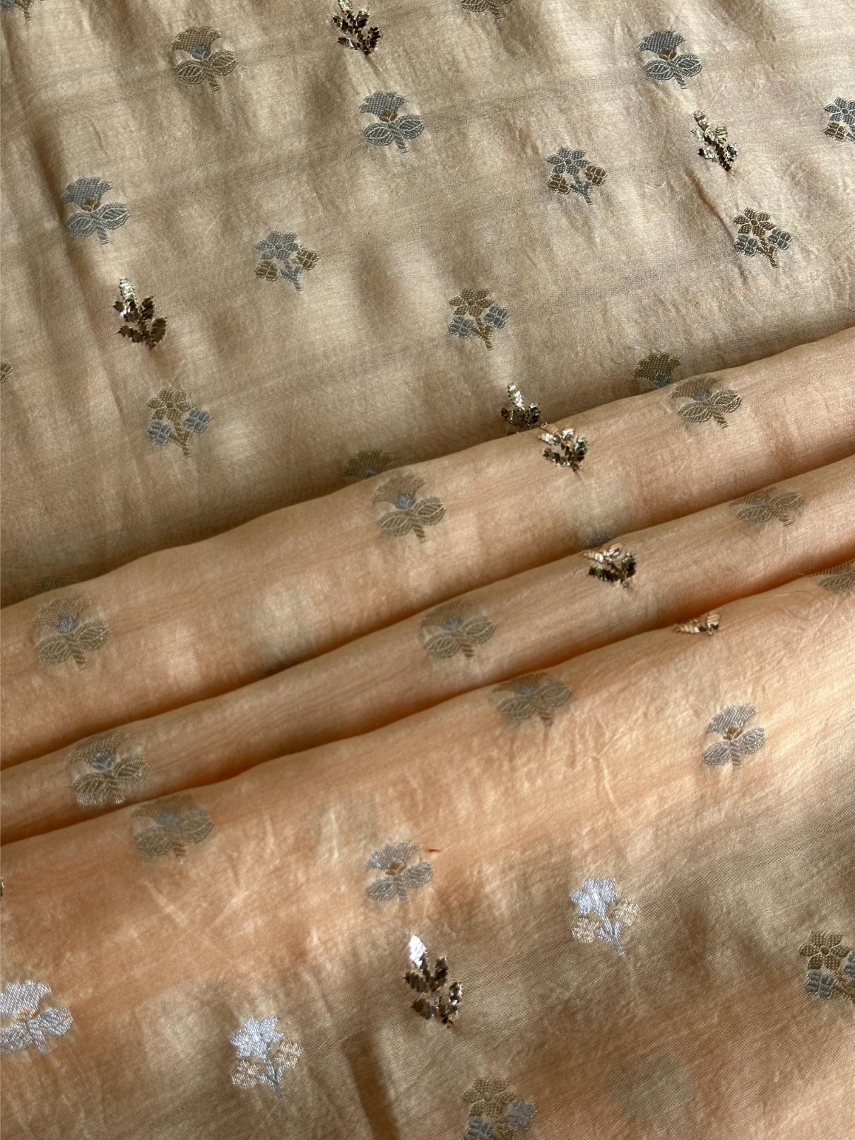 Coral Peach Shade Zari Booti Fine Chikankari With Kamdani Work Unstitched Fabric