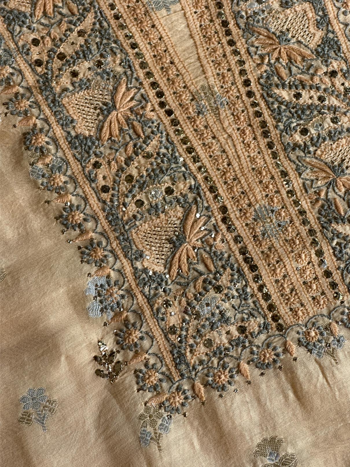Coral Peach Shade Zari Booti Fine Chikankari With Kamdani Work Unstitched Fabric