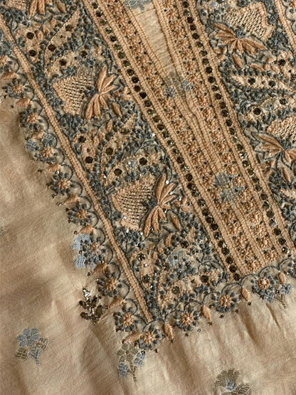 Coral Peach Shade Zari Booti Fine Chikankari With Kamdani Work Unstitched Fabric
