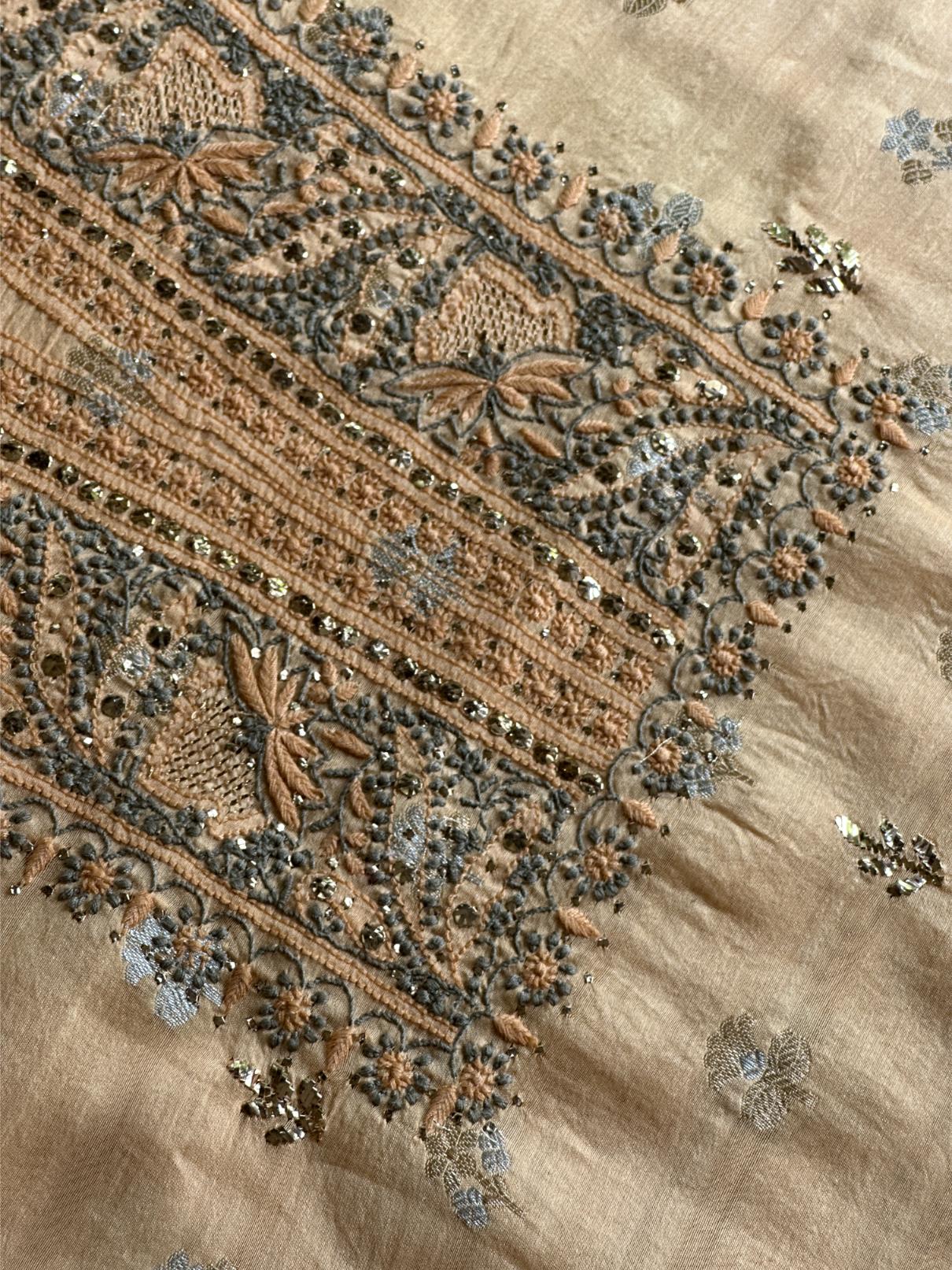 Coral Peach Shade Zari Booti Fine Chikankari With Kamdani Work Unstitched Fabric