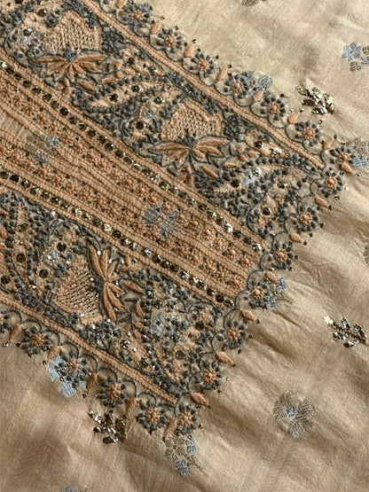 Coral Peach Shade Zari Booti Fine Chikankari With Kamdani Work Unstitched Fabric
