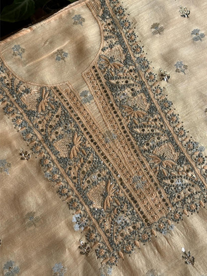 Coral Peach Shade Zari Booti Fine Chikankari With Kamdani Work Unstitched Fabric