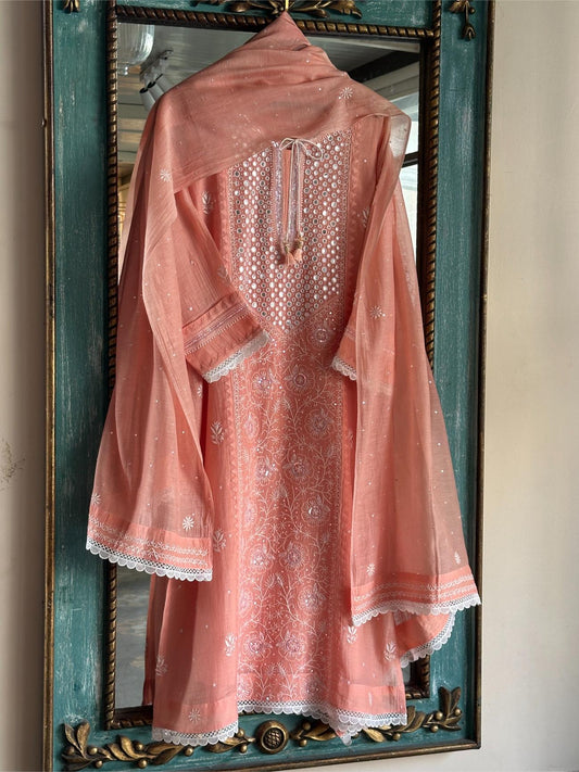 Coral Peach Soft Mulmul Mirror Work X Chikankari Kurta Set