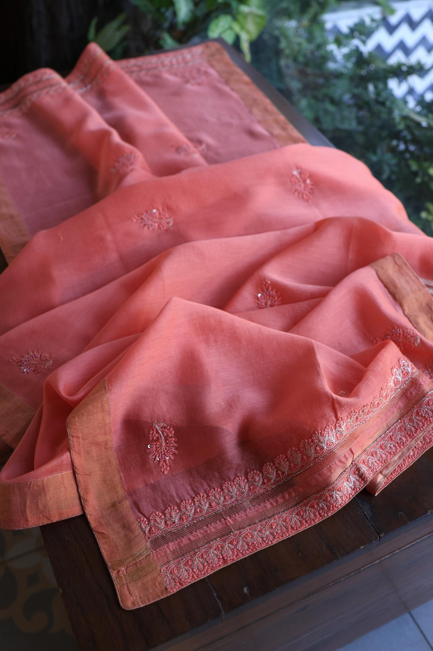 Coral Pink Shade Rasm Chanderi Highlights Fabrics