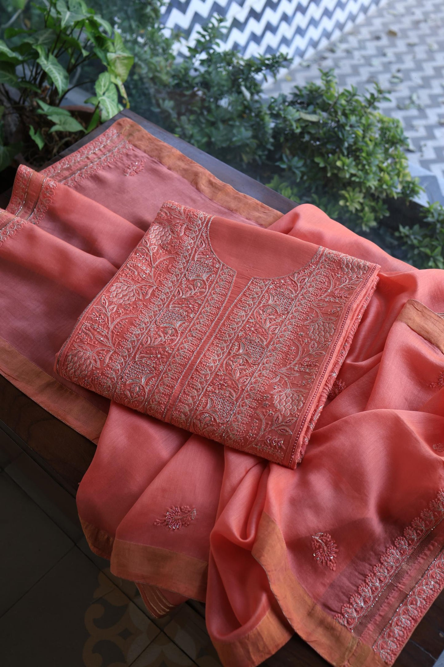 Coral Pink Shade Rasm Chanderi Highlights Fabrics