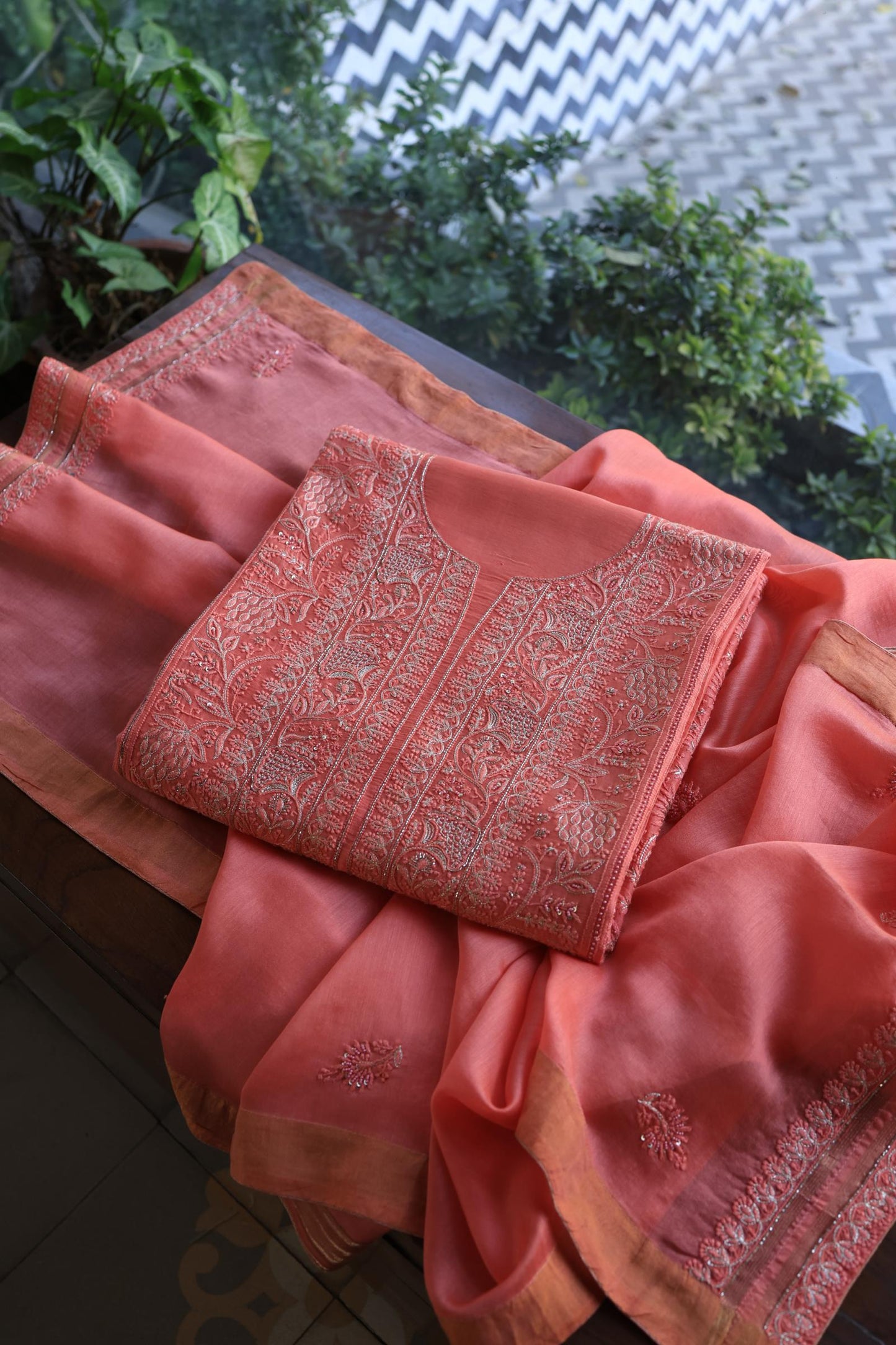 Coral Pink Shade Rasm Chanderi Highlights Fabrics