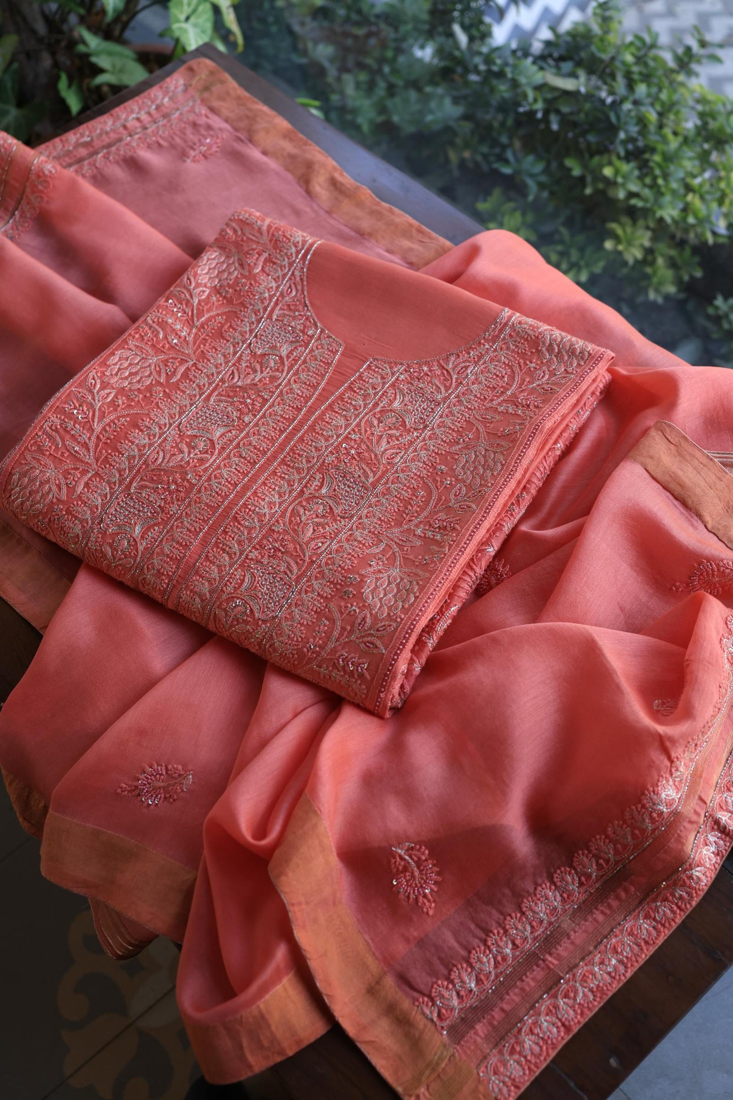 Coral Pink Shade Rasm Chanderi Highlights Fabrics