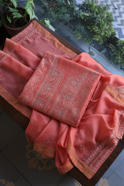Coral Pink Shade Rasm Chanderi Highlights Fabrics