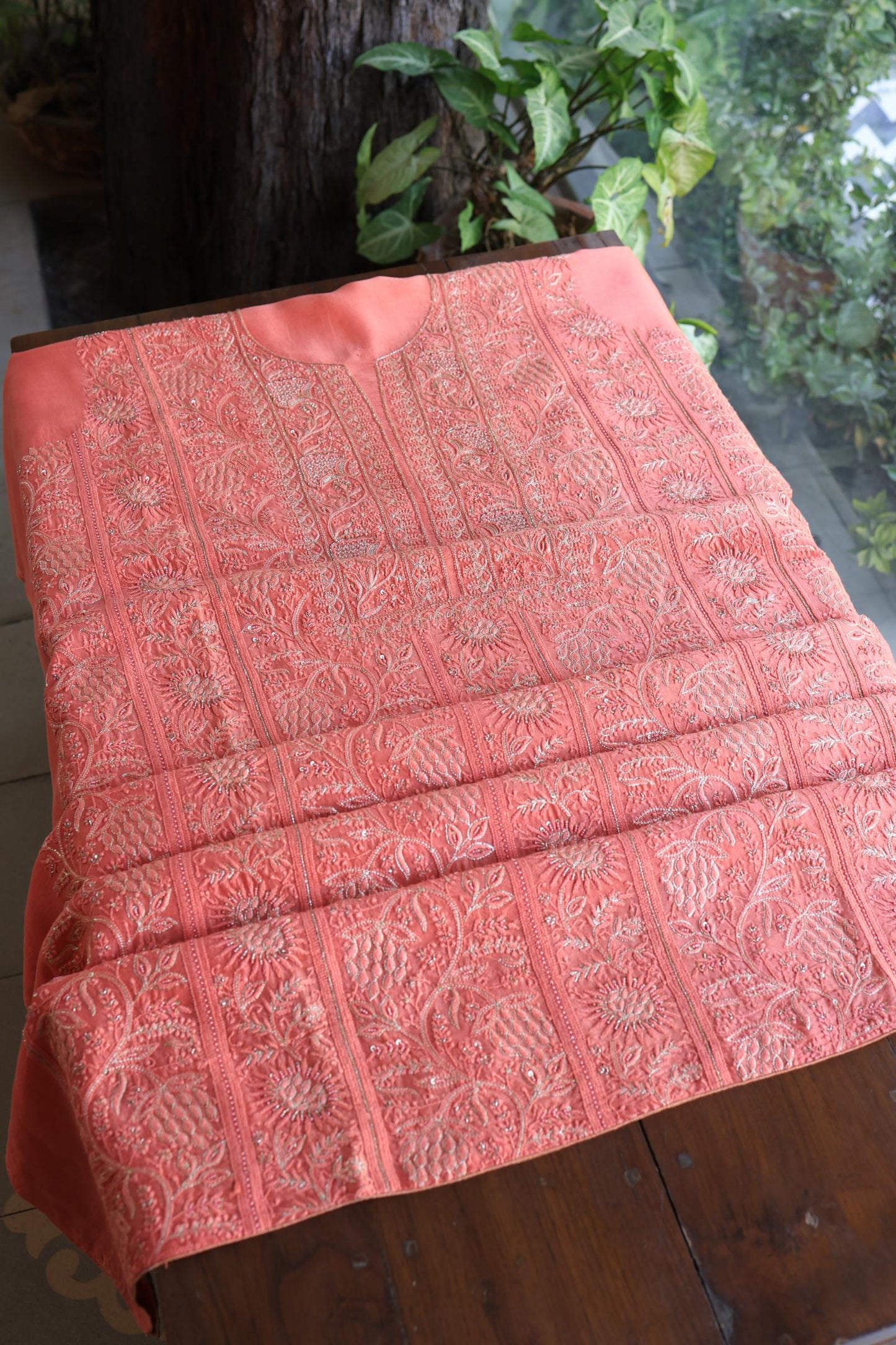 Coral Pink Shade Rasm Chanderi Highlights Fabrics