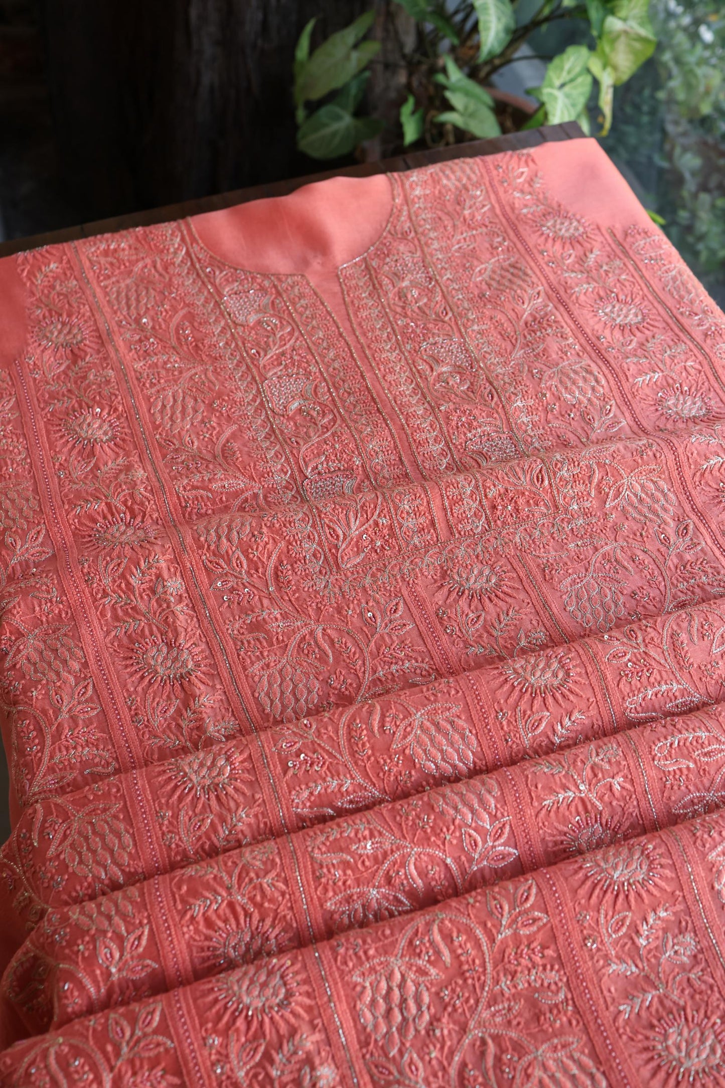 Coral Pink Shade Rasm Chanderi Highlights Fabrics