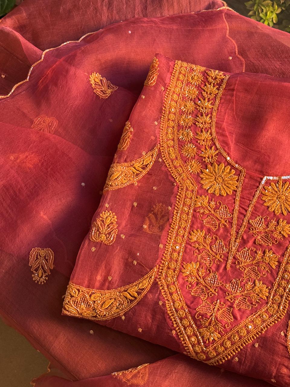 Coral Red Shade Noor Organza Silk Chikankari Unstitched Fabric