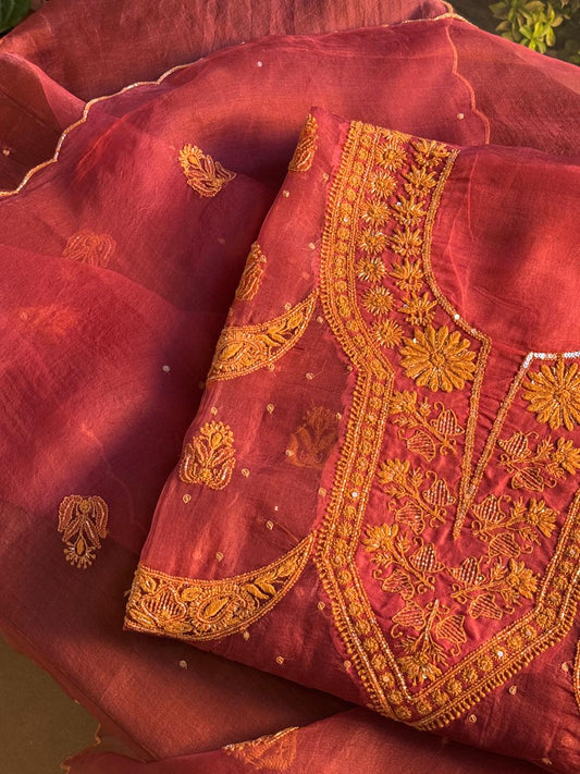 Coral Red Shade Noor Organza Silk Chikankari Unstitched Fabric