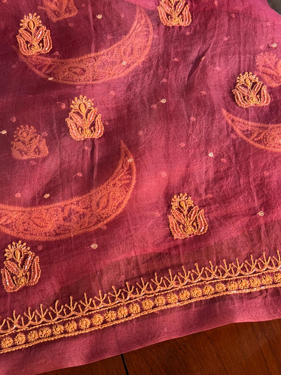 Coral Red Shade Noor Organza Silk Chikankari Unstitched Fabric