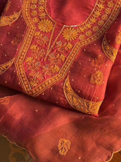 Coral Red Shade Noor Organza Silk Chikankari Unstitched Fabric