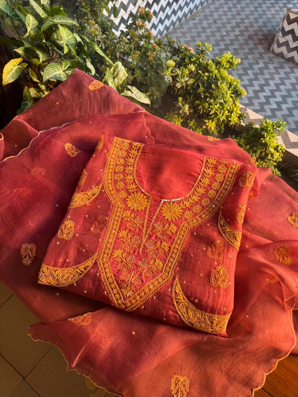 Coral Red Shade Noor Organza Silk Chikankari Unstitched Fabric