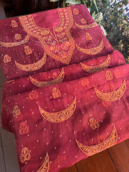 Coral Red Shade Noor Organza Silk Chikankari Unstitched Fabric