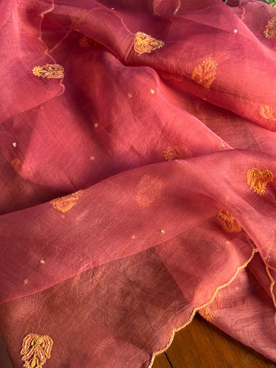 Coral Red Shade Noor Organza Silk Chikankari Unstitched Fabric