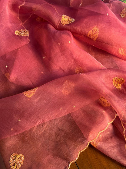 Coral Red Shade Noor Organza Silk Chikankari Unstitched Fabric