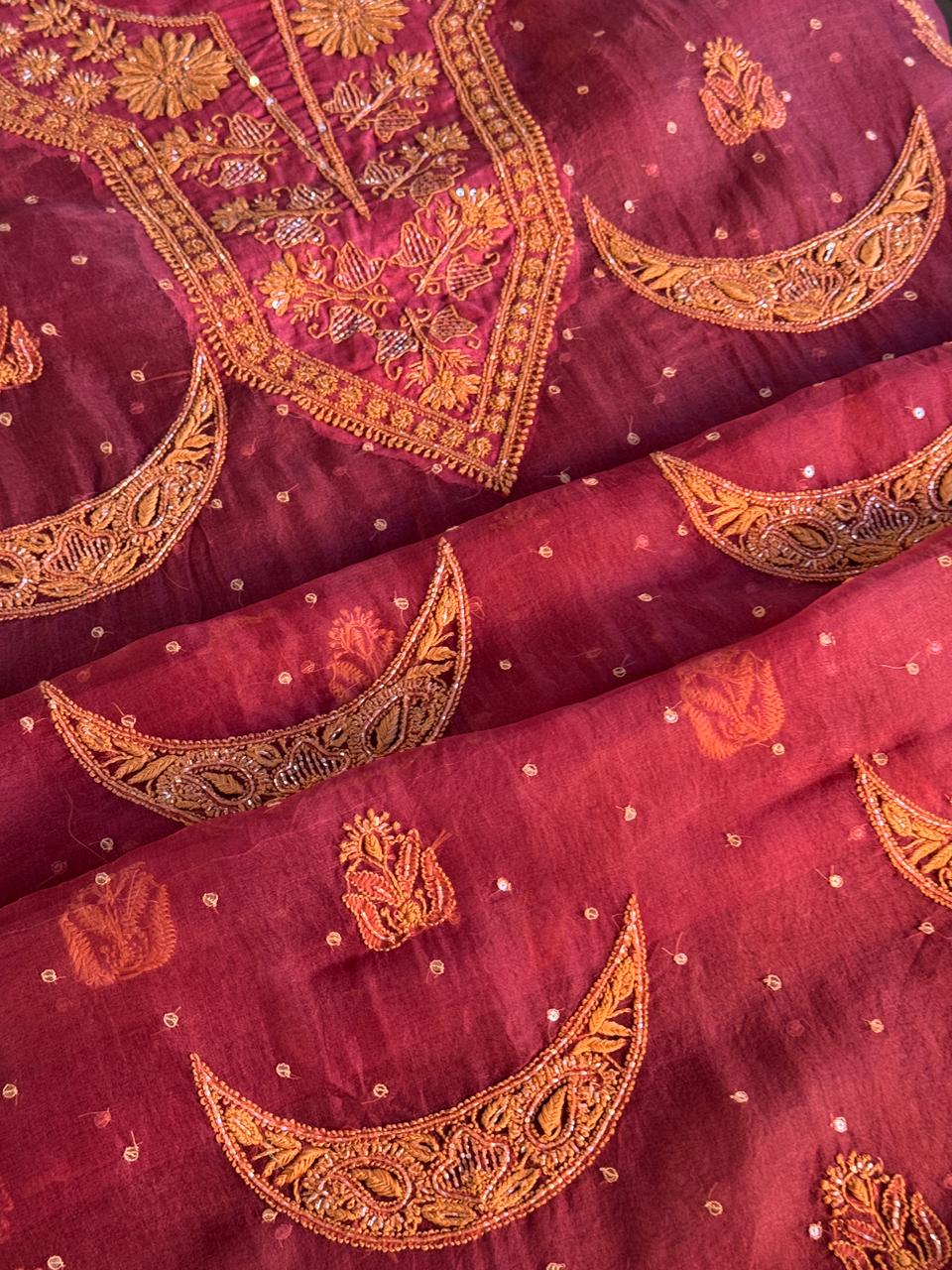 Coral Red Shade Noor Organza Silk Chikankari Unstitched Fabric