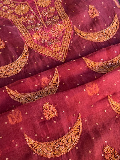 Coral Red Shade Noor Organza Silk Chikankari Unstitched Fabric