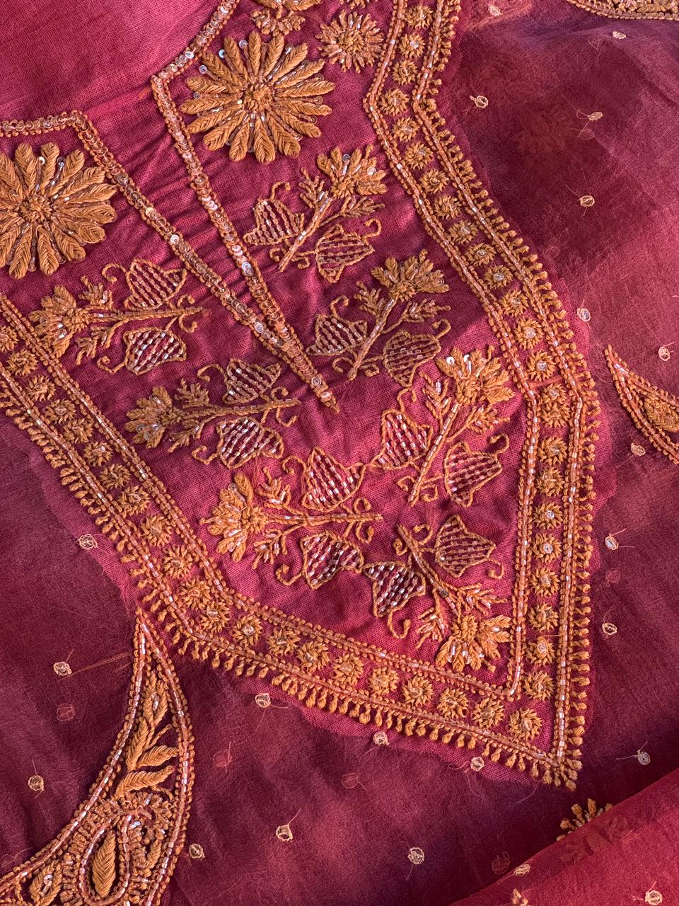 Coral Red Shade Noor Organza Silk Chikankari Unstitched Fabric